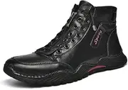 [CROSSBABY] Men's Hand-Sewn Lace Up Ankle Shoe,Fashion Retro Hiking Boot Premium Leather Zip Desert Boots, Black Plush, 7