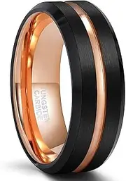 [Wozya] Men Ring Black Tungsten Ring Jewelry with Rose Gold Line Wedding Band Men Tungsten Rings