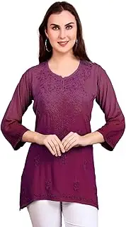 [ladyline] Lucknowi Hand Embroidered Tunic Top Rayon Womens Chikankari Short Kurti Hip Length (CEK NJLS) (38/ Wine), Wine (M)