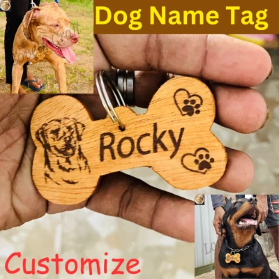 Dog /Cat Name Customized Tag Engraved Print Pet ID Bone tag Wooden Personalized