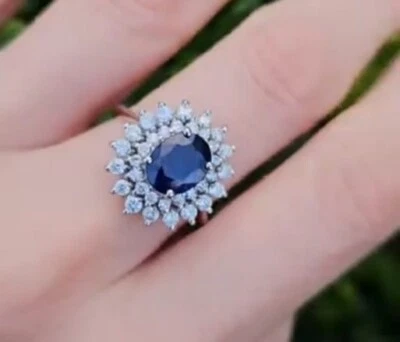 2.10 Ct Oval Natural Blue Sapphire Diamond Women Ring 14K solid white gold