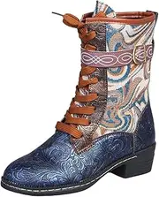 [HOTRA] Mid Calf Boots for Women Low Heel Fashion Embroidered Lace up Zipper Combat Boot Platform Motorcycle Boots
