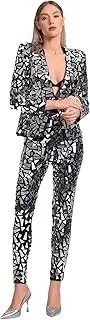 [HEYDHSDC] Women Deep V Neck Sequin Two Piece Pant Set Lady Long Sleeve Two Pieces Outfit
