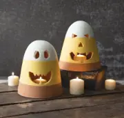 Festive Fall 6.5”H Set of Two Terra Cotta Candy Corn Luminaries Candle Holders
