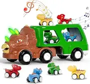 Dinosaur Truck Toys for Kids 3-5 Years, 5-in-1 Dinosaur Transport Carrier Truck with Dino Sound & Light, Dinosaur Truck with 4 Pull Back Cars, Dinosaur Cars Set for Toddlers (Green)