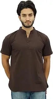 [Atasi] Men's Mandarin Collar Brown Cotton Kurta Half Sleeve Casual Tunic
