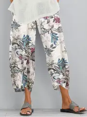 ZANZEA Women Retro Floral Print Pants Elastic Waist Irregular Hem Casual Pants with Pockets Summer Comfy Cropped Trouser