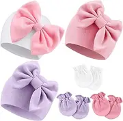 [AQOKKA] Newborn Baby Hats and Mittens Set Infant Bow Beanie Cap Toddler Gloves Newborn Hospital Hats for Baby Boy Girl Kid 0-6 Months