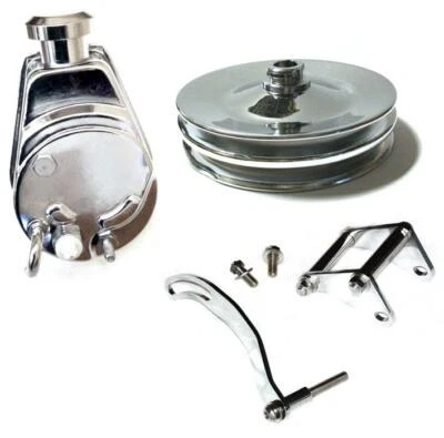 Small Block Chevy Chrome Saginaw Power Steering Pump + Keyway Pulley SBC Bracket