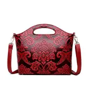 Women Vintage Embossed Ethnic Style Handbag Retro Shoulder Bag Large Capacity Red