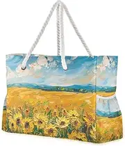 [sanluoli] Sunflower Field under Bright Sunlight Large Capacity Outdoor Tote Bag with side pocketes Bag Beach Sports with zippered pockets
