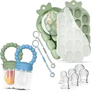O’doe Silicone Baby Popsicle Molds & Baby Food Feeder with 1 Clip, 2 Pack Freezer Tray with Lid, 2 Breastmilk Popsicle Molds for Teething Relief, BPA Free (Blue + Green, Baby Deluxe Set)