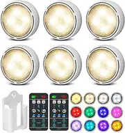 LED Puck Lights with Remote Control, Battery Operated Wireless Closet Lights, Under Cabinet Lighting Stick on Tap Push Lights, Color Changing Under Counter Lights for Kitchen, 6 Pack - White