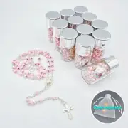 US 4/12pcs Pink Wooden Rosary Necklace in Silver Cap Glass Jar Baby Shower Gifts