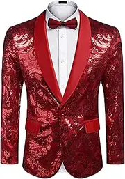 [SWJGLITTR] Men Sequin Tuxedo Blazer Jacket One Button Party Festival Tuxedo Coat Regular Wedding Party Prom Suit, Red, 3X-Large