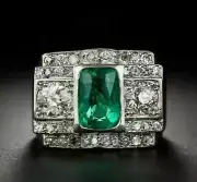 Art Deco Style Lab Created Diamond Emerald Wedding Ring 14K White Gold FN