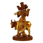 Brass Lord Krishna Playing Flute with Holy Cow Idol Statue Figurine 9.5"
