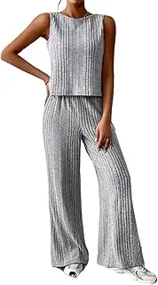 [RISCUYY] Knit Sets Two Piece Women Stretchy Comfy Pleated Travel Outfits Lounge Sets for Women 2025