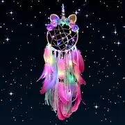 Unicorn Dream Catcher with Colorful LED Light for Girls Boys Bedroom Wall Decor Hanging Ornament Festival Gift (Pink)