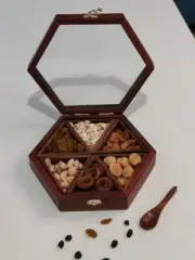 Handmade Sheesham Wood Spice Box – Hexagonal Masala Organizer with Glass Lid