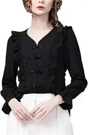 [Generic] Women Disc Buckle Long Sleeve Blouse Ruffles V-Neck Office Casual Spring Summer Button Down Tops
