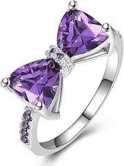 [DCFSHEE] Heart Cut Amethyst CZ Cubic Zirconia Sterling Silver Plated Double Heart Bow Lovely Ring for Women, Artificial Gemstone Birthstone Fashion Decorative Jewelry