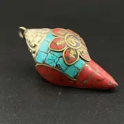 Tibetan Nepali Religious Beautiful Conch Shells Turquoise Coral Brass Pendant