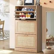 Oikiture Shoe Storage Cabinet with 3 Storage Compartments Shoe Storage Wooden Cupboard Hallway Sideboard