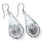Teardrop Opalite Inlay Mexican Earrings Mayan Calendar Design Silver Plated