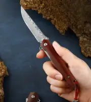 Mini Damascus Blade Pocket Folding Knife Rosewood Handle Outdoor Camping EDC