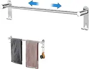 Wisebom Towel Rail Stainless Steel Extendable 43-75cm Towel Rail with Hooks Screws Adhesive Silver Wall Mounted Bath Towel Holder Towel Holder for Bathroom Kitchen