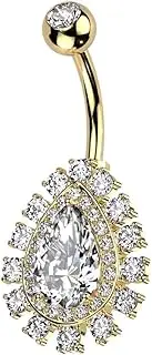 [Pierced Owl] 14GA 316L Stainless Steel CZ Crystal Lined Teardrop Shaped Belly Button Ring
