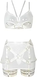 [Zylphorix] Women Garter Strappy Lingerie Mesh Lingerie Set Underwear Bra and Panty Sets Belt Babydoll
