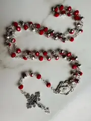 Red Silver Crystal Glass Baded Holy Rosary For Catholic Prayers / Mass / Gifts