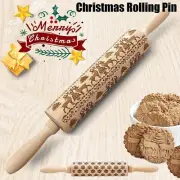 Christmas Rolling Pin Engraved Carved Wood Xmas Embossing Baking Cookies Deer