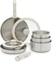 GreenLife Click 10-Piece Stainless Steel TriPly Cookware Set, Detachable Handle, Stackable Space Saving Kitchen Essential, PFAS-Free Pots & Pans, Induction & Oven Safe, Glass Lid, Silver