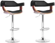 Home Bar Modern Adjustable Bar Stools, Black PU Leather Seat, Wooden Backrest, Chrome Base, Set of 2