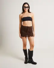 Lori Scallop Crochet Mini Skirt in Chocolate Brown