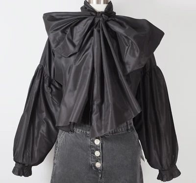 ETRO bow blouse black 44 US 8 silk taffeta $1325 peasant sleeves oversized