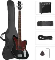 4 String Electric Bass Guitar Beginner Kit W/20W Amp, Red Pearl Guard Full Size