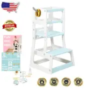 Adjustable Height Kids Kitchen Step Stool with Safety Rails - Beige & Blue