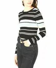 Material Girl Juniors' Black Skyway Striped Rib-Knit Cropped Sweater Size XS