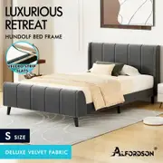 ALFORDSON Bed Frame Single Size Tufted Headboard Base Grey Velvet HUNDOLF