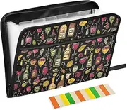 Expandable File Folder 13 Pockets A4 Letter Size with Zipper Closure for Document Storage Colorful Doodle Wine Goblet Black expando