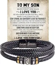 [DivaGlamz] To My Son/Grandson Bracelet From Mom Grandmother, Forever Linked Together Black Braided Leather Infinity Knot Inspirational Bracelets Engraved Love You Forever Birthday Gift Jewelry