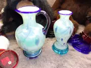 Fenton Art Glass Favrene Iridescent Blue Vase and Pitcher with bases Dave Fetty