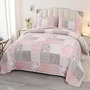 Oversized King Size Pink Grey Floral Plaid Patchwork Quilt Set 128x120 Extra Wide Super King Size Rversible Quilted Bedspread Coverlet Set 3-Piece Comforter Bedding Set Bed Cover with 2 Pillow Shams