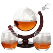 World Globe Whiskey Decanter with Dark Finished Wood Stand, Bar Funnel, and 2