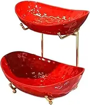 Fruit Bowls Multi-Layer Ceramic Fruit Bowl,Fruit Plate with Metal Stand,Dessert Display Stand,Red Tiered Fruit Basket for Fruit,Snack,Nuts Snack Plate
