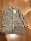 Zara Red Beige Tweed Fringed Hem Trims Zipper Midi Blazer Jacket 7804/690